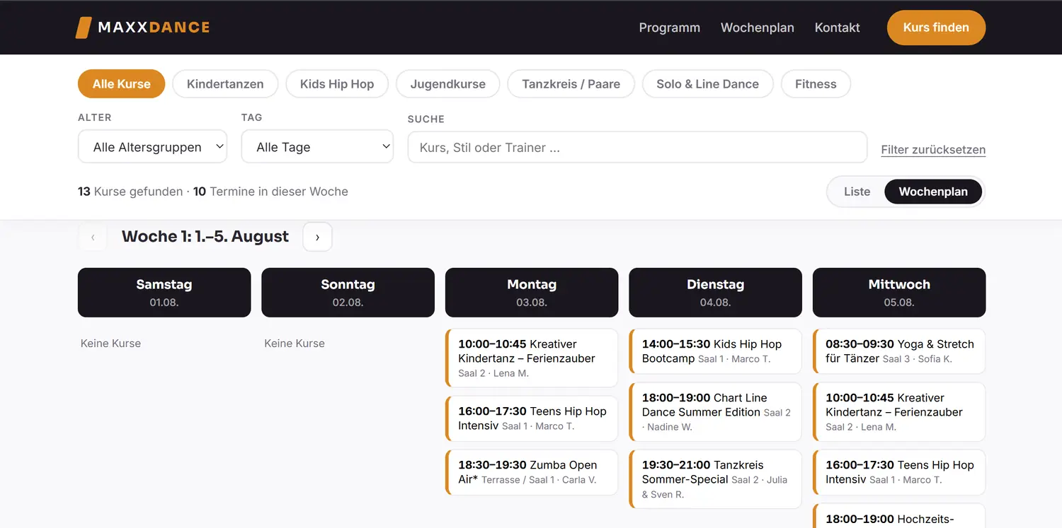 MAXXDANCE Wochenplan: filterbare Kursübersicht mit Kategorien, Alters- und Tagesfilter sowie Suche