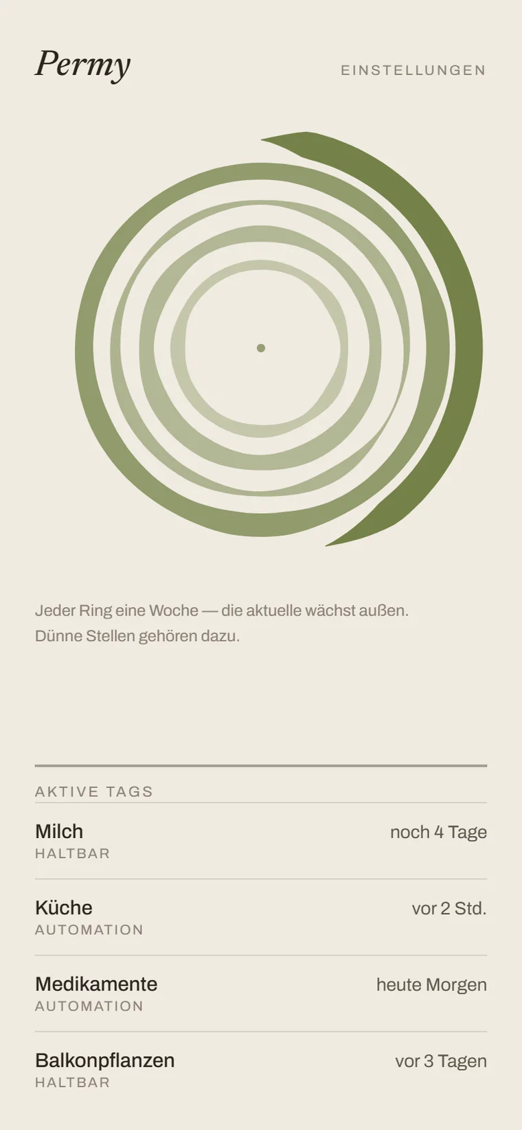 Permy App-Screen, helle Variante: Baumring-Visualisierung und Liste aktiver NFC-Tags