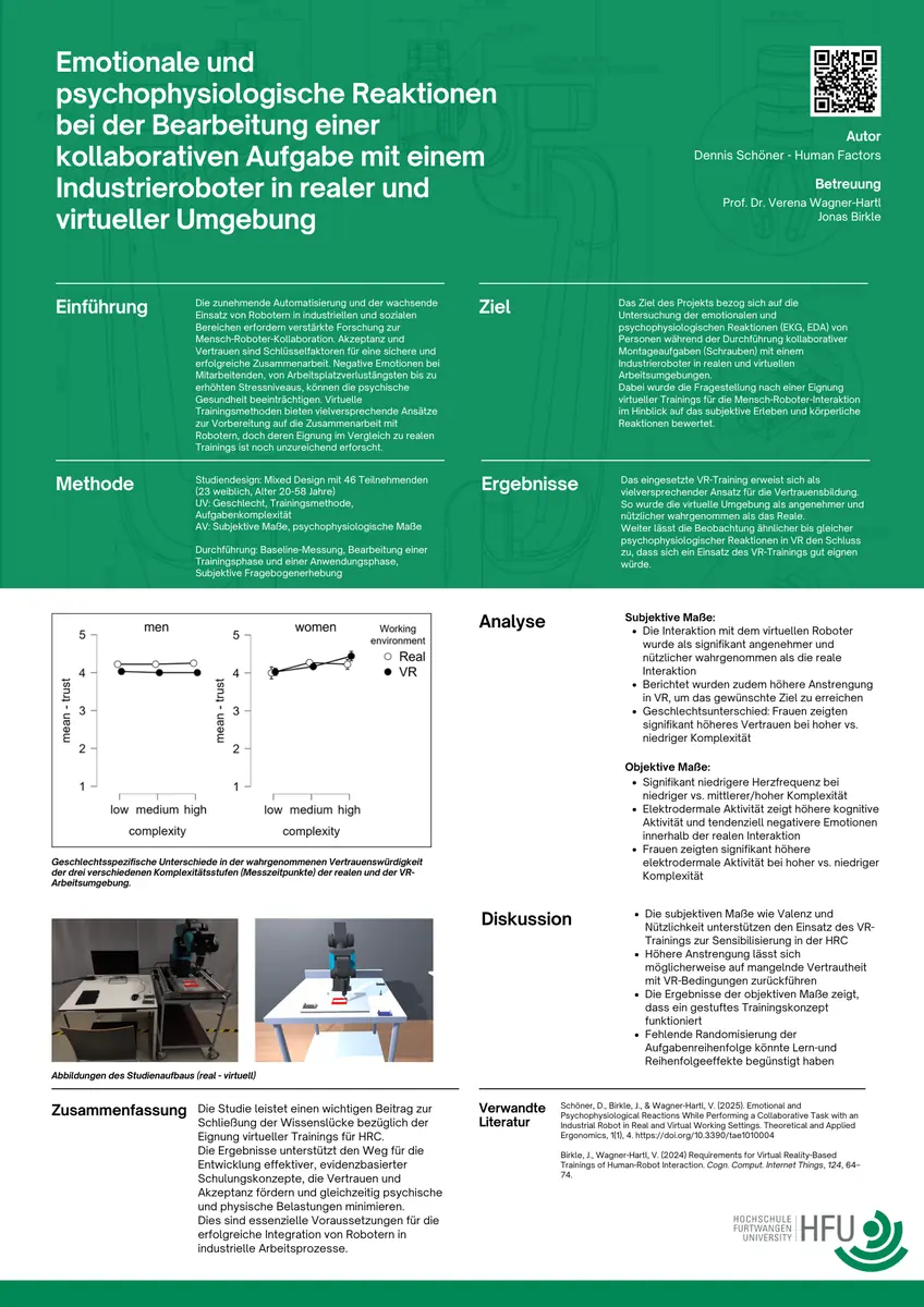 Wissenschaftsposter: Emotionale und psychophysiologische Reaktionen bei einer kollaborativen Aufgabe mit einem Industrieroboter in realer und virtueller Umgebung