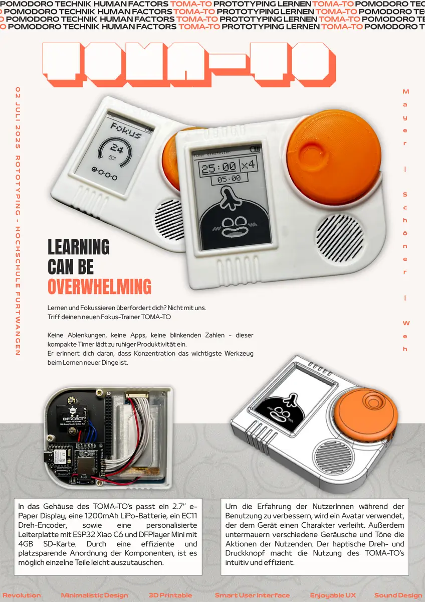 TOMA-TO Produkt-Onepager: weißer Pomodoro-Fokus-Timer mit orangenem Drehknopf und e-Paper-Display